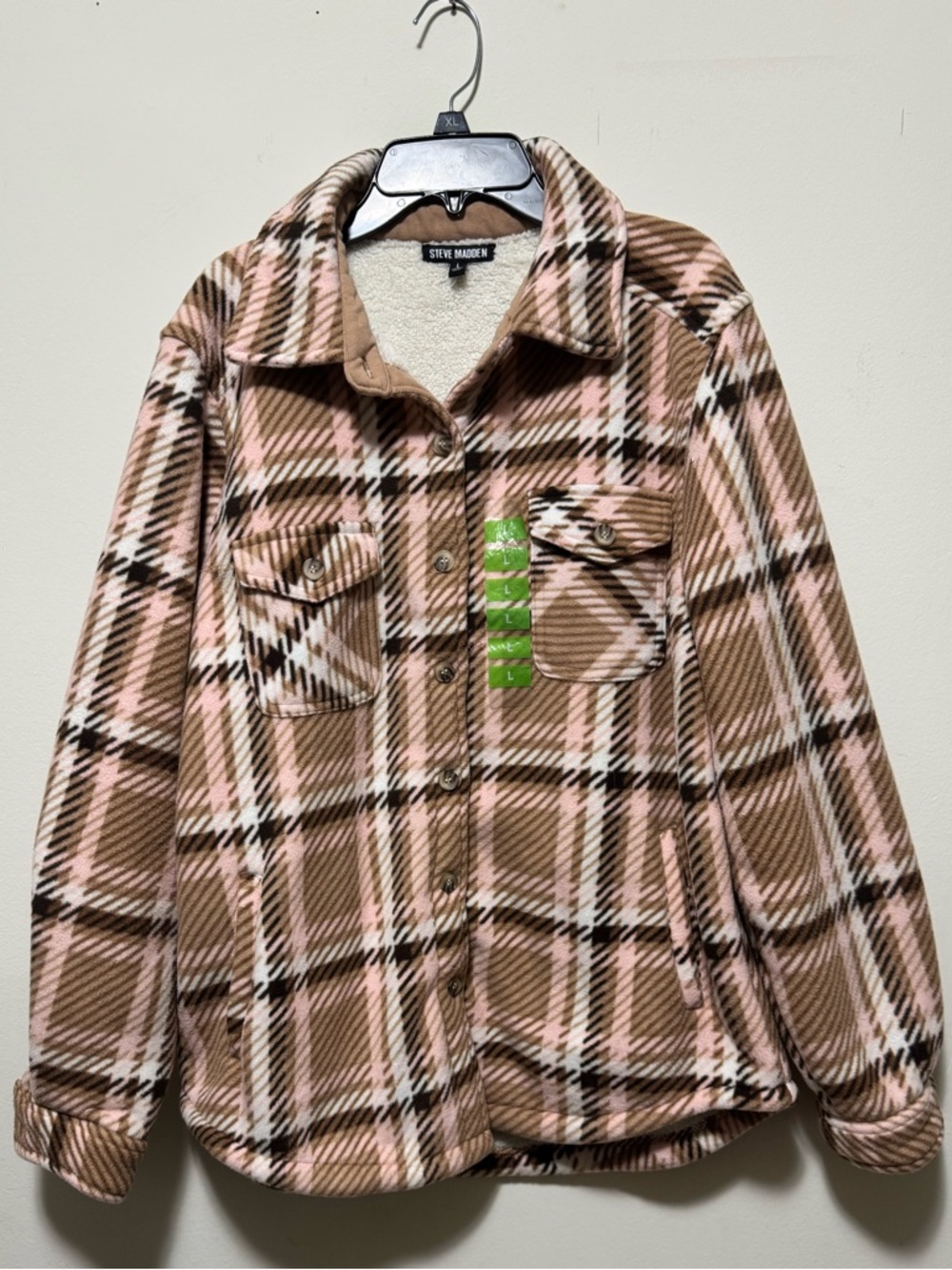 Steve Madden Plaid Sherpa Shacket Jacket Pink Brown Button Up Coat L